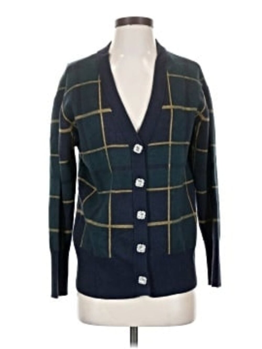 Tahari | EUC Windowpane Plaid Jeweled-Button Cardigan in Navy/Olive Size S